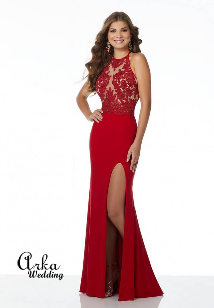 Βραδινό Κόκκινο Φόρεμα από Jersey και Δαντέλα, Κωδ: 42106