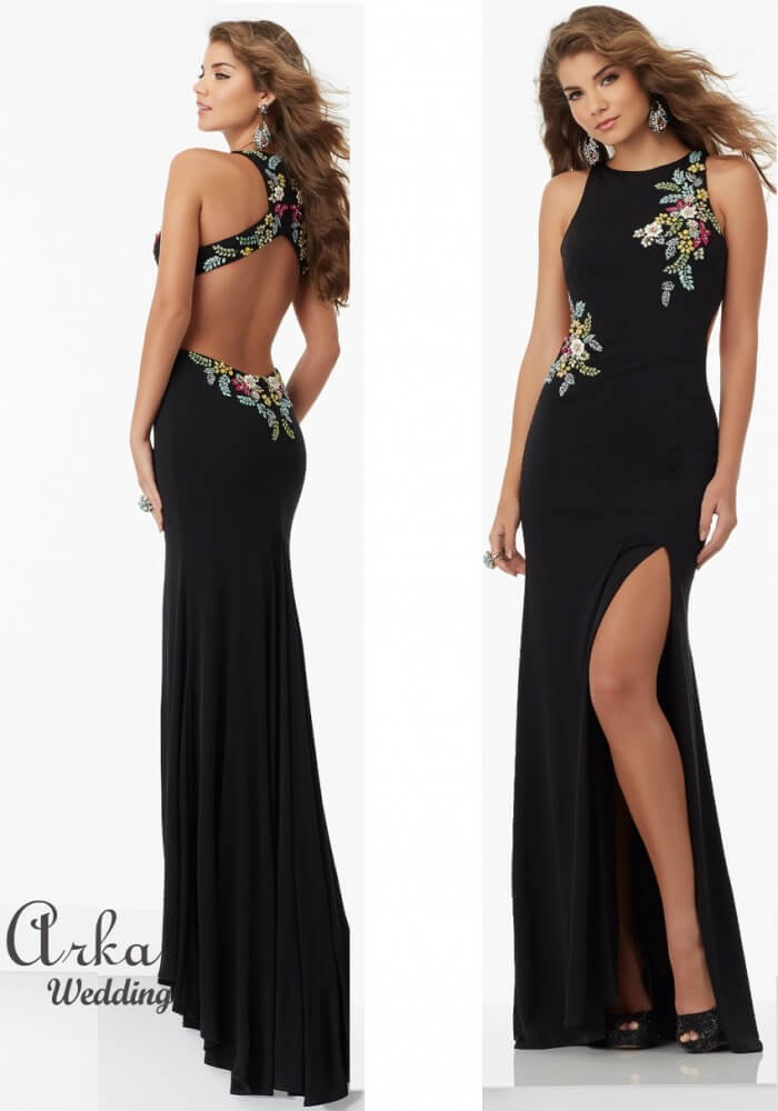 Μαύρο Φόρεμα με Ανοιχτή Πλάτη, Jersey, Κεντημένο με Πολύχρωμα Λουλούδια, Κωδ: 99008 